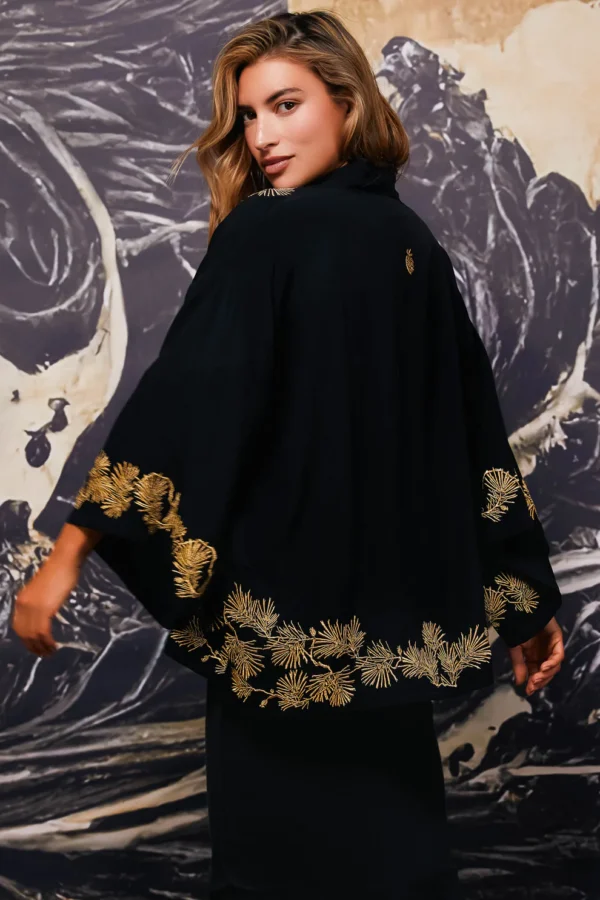 Pine Needle Embroidered Black and gold Kimono - Artemis Muse - Image 3