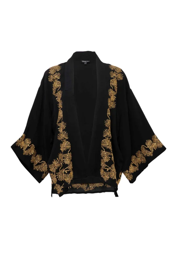 Pine Needle Embroidered Black and gold Kimono - Artemis Muse - Image 4