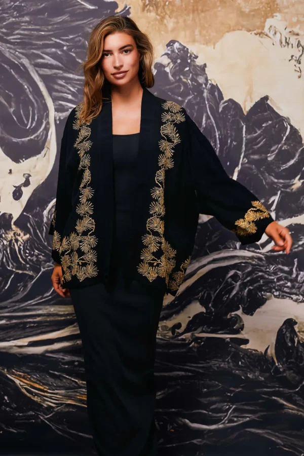 Pine Needle Embroidered Black and gold Kimono - Artemis Muse