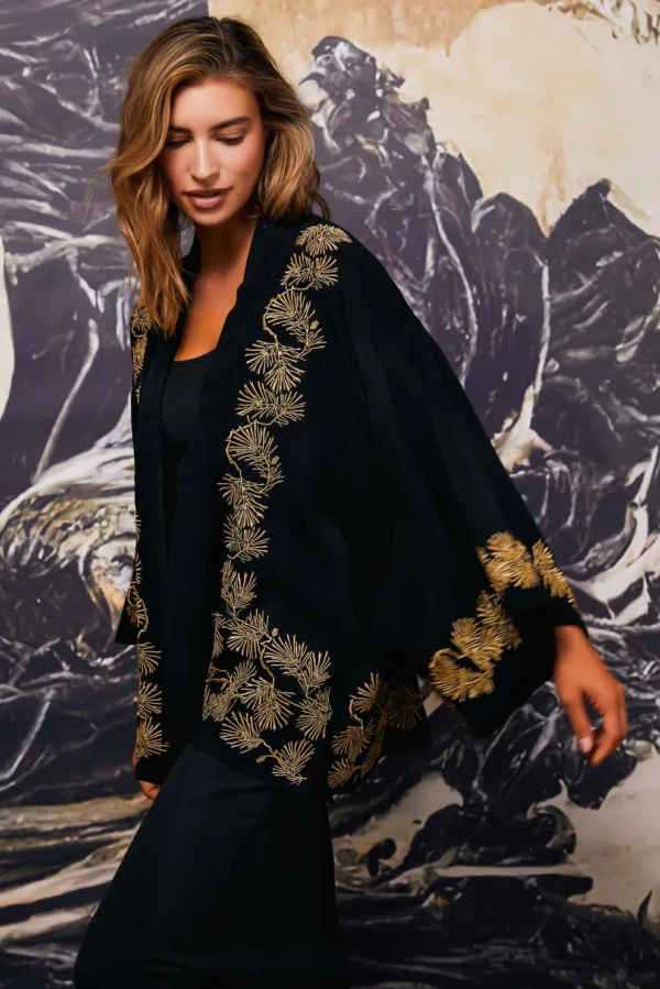 Pine Needle Embroidered Black and gold Kimono - Artemis Muse - Image 2