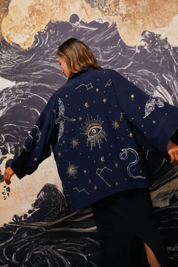 Cosmos Embroidered Navy and Gold Short Kimono - Artemis Muse - Image 2