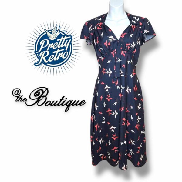Navy bird print tea dress