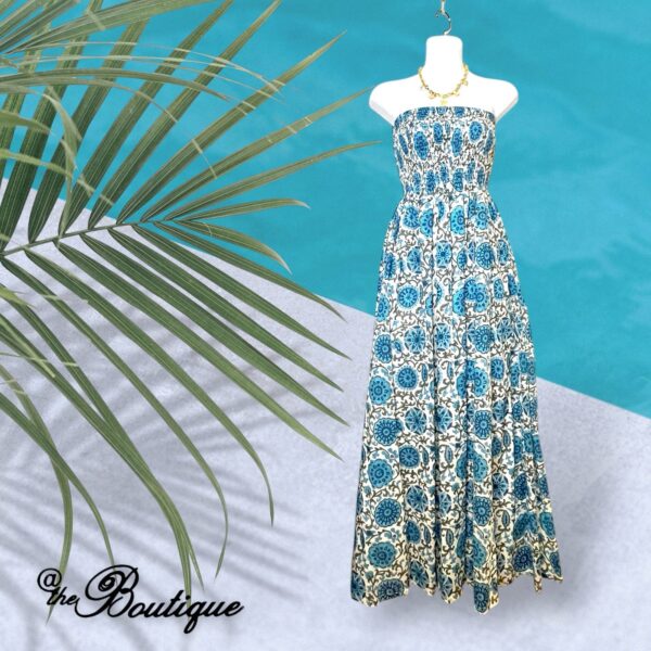 Azure Blue and White Strapless Rosie Cotton Maxi - At the Boutique - Image 2