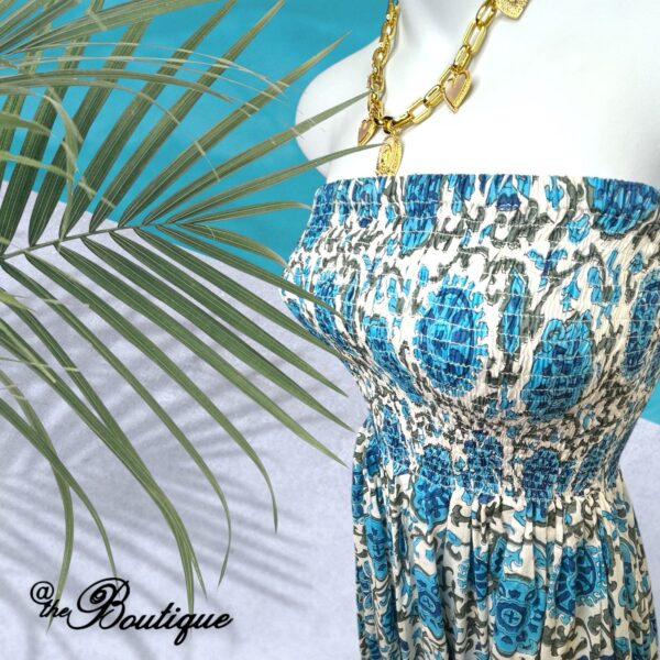 Azure Blue and White Strapless Rosie Cotton Maxi - At the Boutique - Image 3