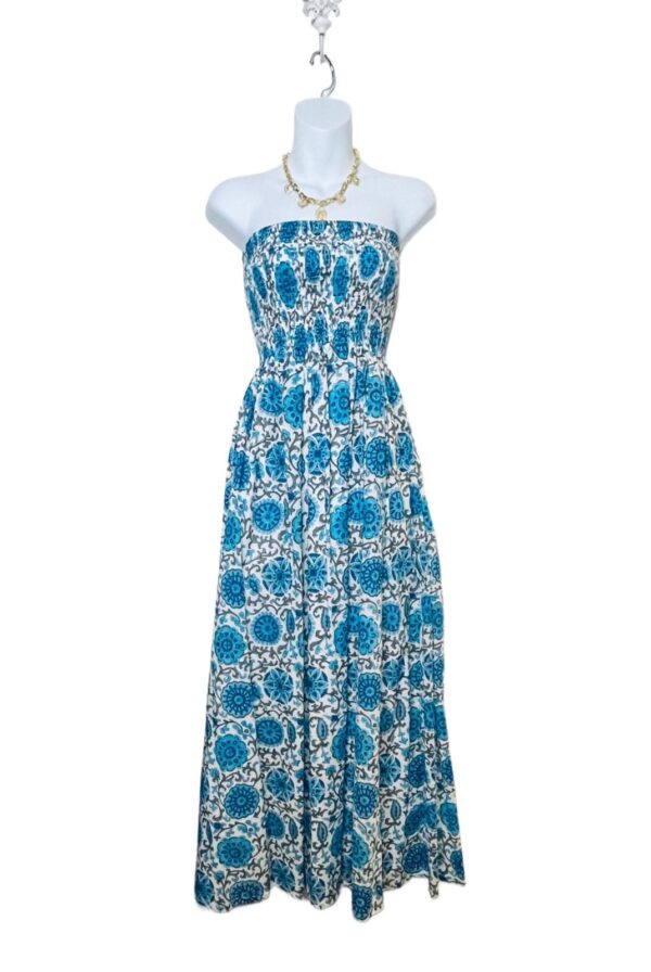 Azure Blue and White Strapless Rosie Cotton Maxi - At the Boutique