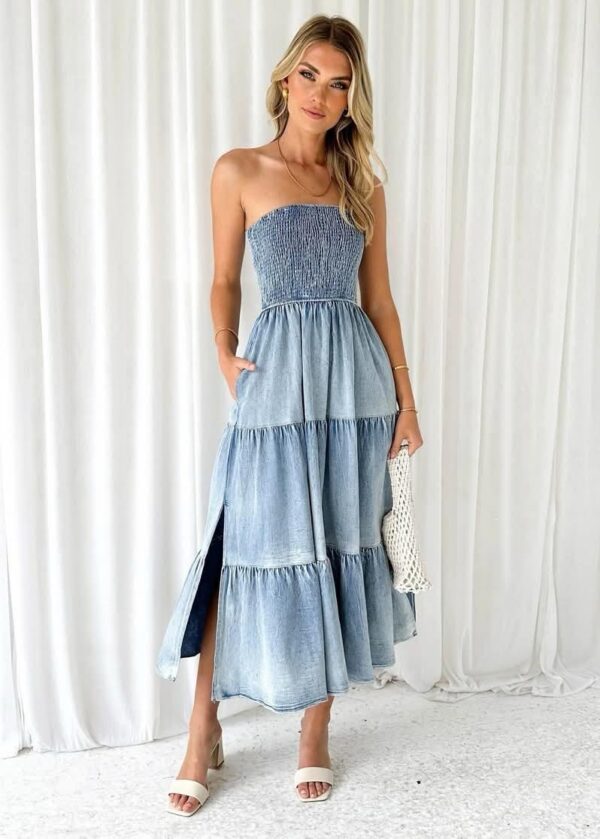 Strapless Light Wash Denim Midi Dress