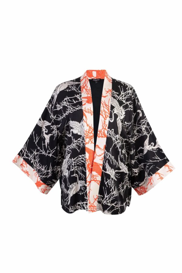 Japanese Crane Print Black & Ivory Short Kimono - Artemis Muse - Image 2