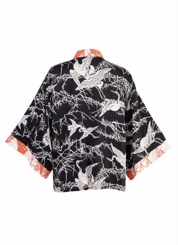 Japanese Crane Print Black & Ivory Short Kimono - Artemis Muse - Image 3