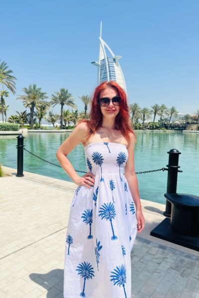 beth wearing rosie palm palm dress