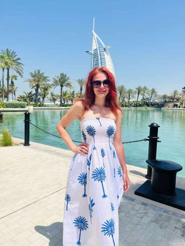 beth wearing rosie palm palm dress