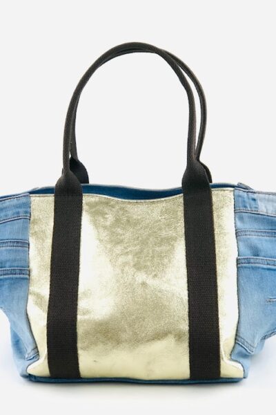 recycled denim and gold leather carry on bag