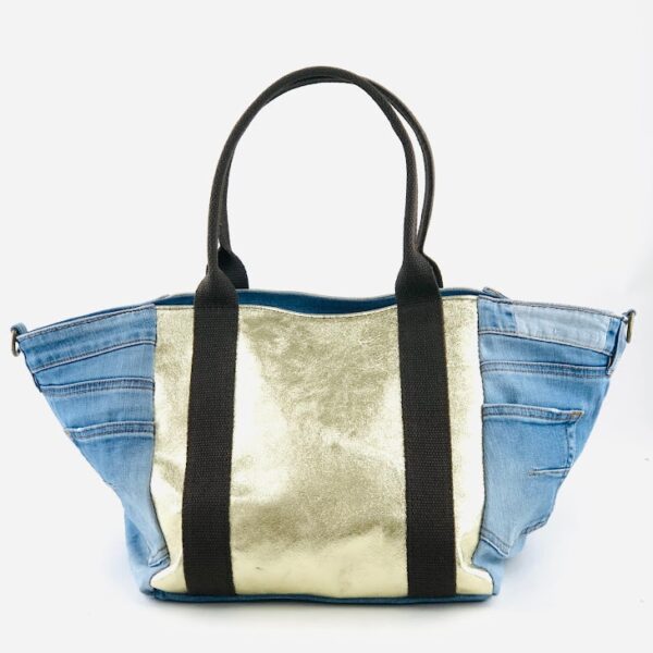 recycled denim and gold leather carry on bag