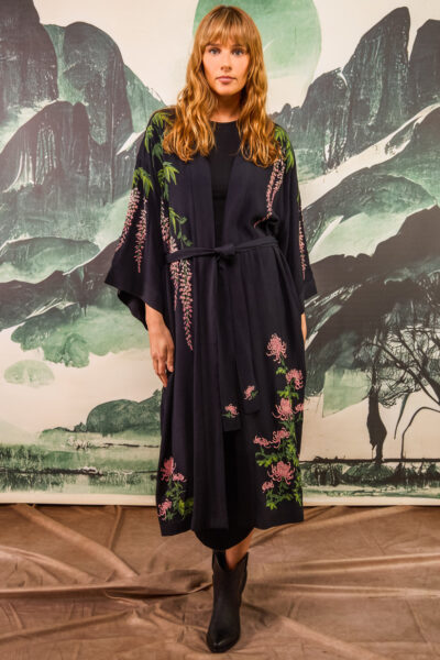black and pink long kimono model belted